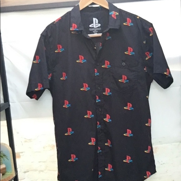 Men’s Licensed PlayStation Logo Graphic Gamer Short Sleeve Button Down Shirt - Picture 1 of 5